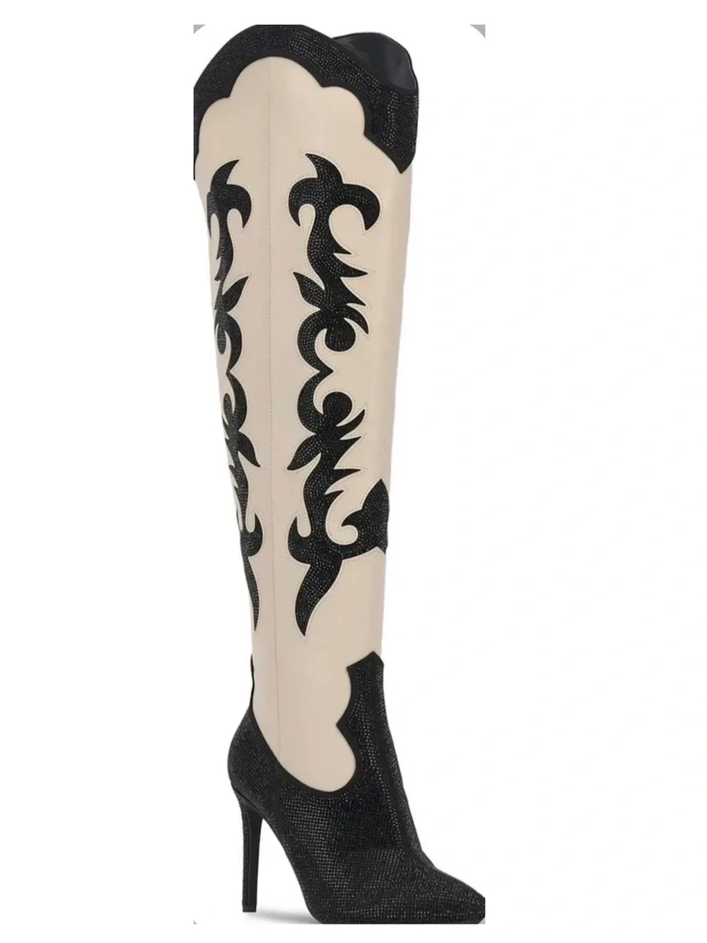 Tall Western-Inspired Knee Boots in Cream and Black